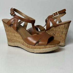 FRANCO SARTO Seema  Women's Sz 9 M Tan Leather T-Strap Cork sandals Heels Shoe